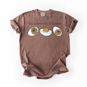 May include: A brown short-sleeve t-shirt featuring the black text "You know why I'm here." above a graphic of three halved hard-boiled eggs. The eggs are white with yellow yolks, and the shirt has a crew neckline and a relaxed fit.