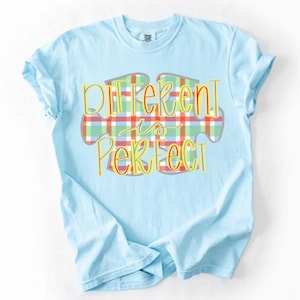 May include: A light blue t-shirt with the words "DIFFERENT IS PERFECT" in yellow outlined letters. The words are on a puzzle piece shape with a red, green, and white plaid pattern.