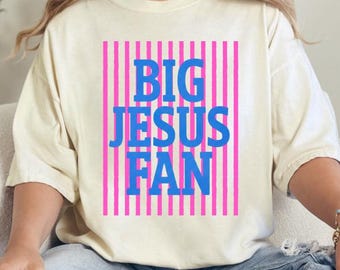 Big Jesus Fan - stripes - Pink and Blue - religious - Jesus - Direct to film transfer - Ready to press - Custom transfers - DTF