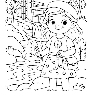 Könnte beinhalten: Schwarz-Weiß-Illustration einer Mädchens mit Baskenmütze und gepunktetem Kleid, das einen Bleistift und eine Handtasche hält. Das Mädchen steht vor einem Wasserfall und einem Gebäude.