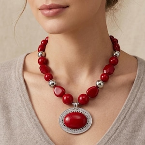 Chunky Statement Necklace with Oval Pendant Bold Geometric Jewelry Gift For Her