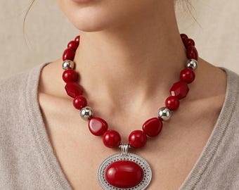 Chunky Statement Necklace with Oval Pendant Bold Geometric Jewelry Gift For Her