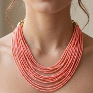 Coral Multi Strand Boho Statement Necklace Layered Vintage Jewelry Gift For Women