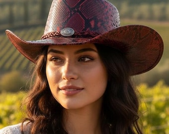 Luxury Red Snakeskin Cowboy Hat Italian Leather Westernb Style for Women