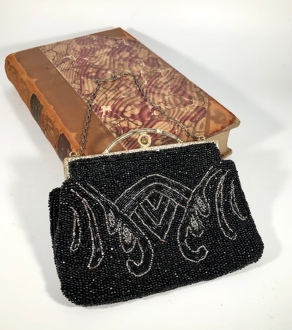 Antique Art Deco Black & Gold Beaded Evening Bag -192… - Gem