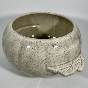May include: A speckled, light-colored ceramic bowl with a leaf-shaped handle. The bowl has a rounded shape and a wide opening. The exterior has a textured, speckled pattern with brown and beige tones.