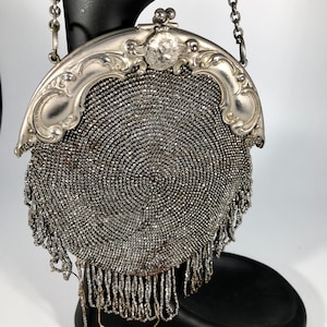 Art Nouveau Antique Silver Beaded Chatelaine Purse Coin Bag -1900&#39;s