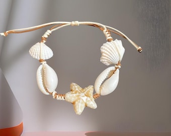 Boho Natürliche Muschel Armband, Beachy Seestern Charme Fußkettchen, Küsten Schmuck
