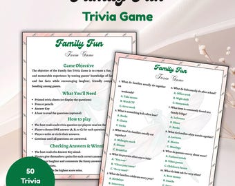 Op de afbeelding: Een trivia spel genaamd "Family Fun" met 50 vragen. Het spel bevat bedrukte trivia vellen, een antwoordsleutel en instructies. Het doel van het spel is om een leuke en gedenkwaardige ervaring voor families te creëren.