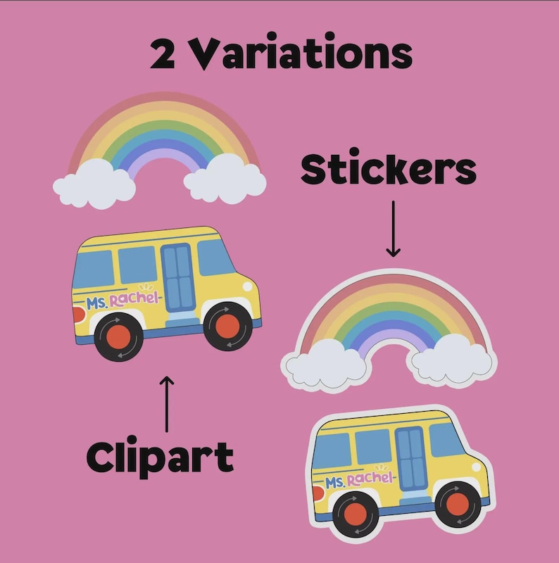 May include: Pink background with two variations of stickers and clipart. The clipart includes a yellow school bus with blue accents and a rainbow. The stickers include a rainbow and a yellow school bus with blue accents. Text reads "2 Variations", "Stickers", and "Clipart".