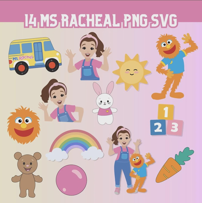 May include: A collection of colorful cartoon illustrations featuring a school bus, a smiling sun, a rainbow, a bunny, a bear, a bubble, a carrot, and characters with the text "Ms. Rachel". The image includes the numbers 1, 2, and 3 on blocks.