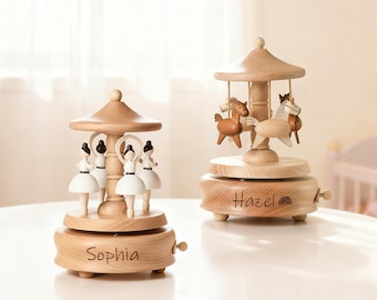 Personalized Wooden Carousel Ballerina Music Box,New Baby Gift,Keepsake Gift for Girl,Baby Shower Gift,New Baby Gift,Engraved Name Music Box