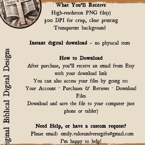 May include: A digital information graphic with a beige background and brown borders. It features a circular logo with a cross and the text Valor & Verse. The text details instructions for a high-resolution PNG file download and contact information.