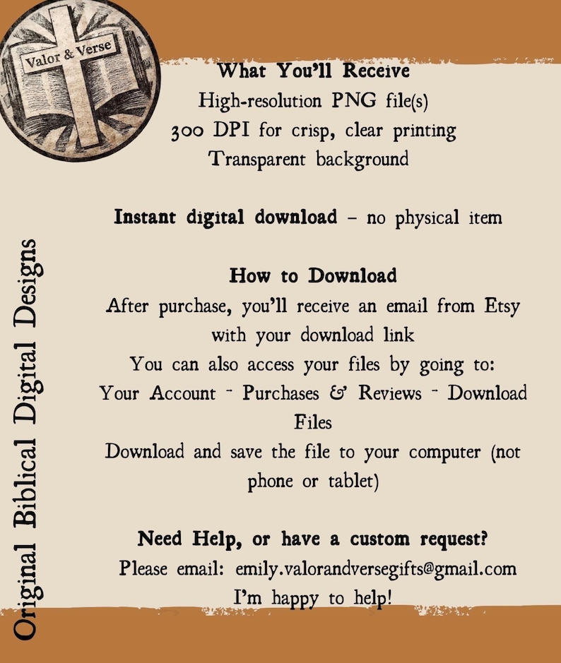 May include: A digital information graphic with a beige background and brown borders. It features a circular logo with a cross and the text Valor & Verse. The text details instructions for a high-resolution PNG file download and contact information.