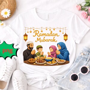 May include: White t-shirt with a family illustration, celebrating Ramadan. The design shows a family at a table with food, and the words "Ramadan Mubarak" in gold script, with lanterns and stars.
