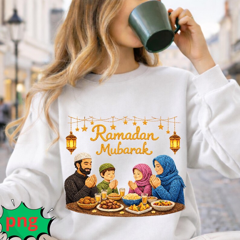 May include: White sweatshirt featuring a family celebrating Ramadan. The design includes the words "Ramadan Mubarak", lanterns, and a family praying at a table laden with food.