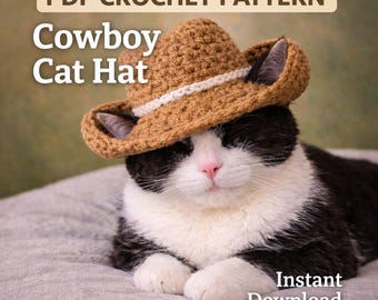 Crochet Cowboy cat Hat Pattern for Cats, Pet Costume (PDF Download)