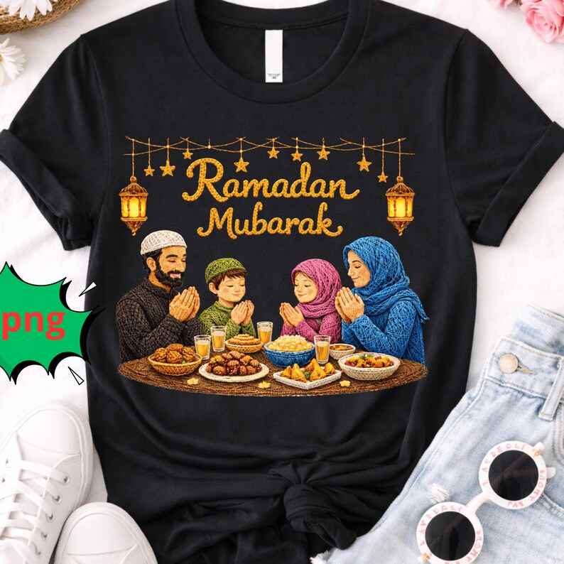 May include: Black t-shirt with a family illustration, gathered around a table of food. The words "Ramadan Mubarak" are written in gold glitter. The image includes lanterns and stars, and the family is shown praying.