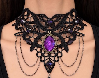 Collana girocollo in pizzo viola con cristalli, collana da vampiro vittoriana, regalo romantico e tenebroso per lei