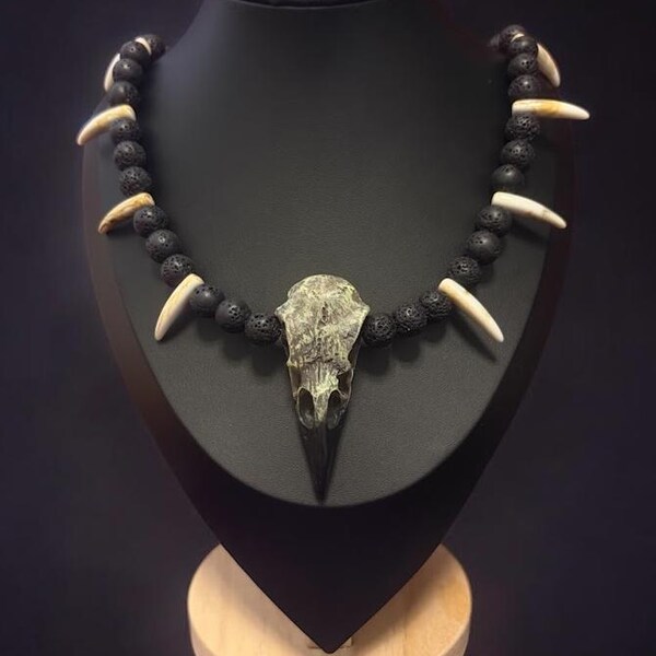 Gothic Crow Skull Necklace for Men, Punk Spike Tribal style, Alternative Unisex Jewelry