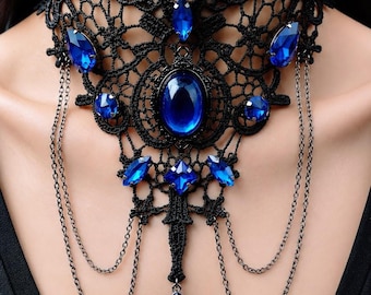 Collana girocollo Sapphire Lace, collana Dark Academia Vampire, regalo per una fidanzata goth