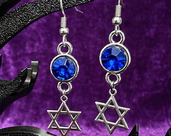 Blue Crystal Star of David Earrings, Gothic Judaica Dangles, Alternative Jewish Gift