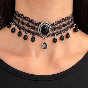 Black Lace Victorian Choker, Crystal Drop Necklace, Gothic Romantic Jewelry image 1