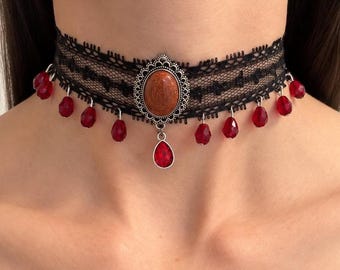 Blood Red Crystal Drop Choker, Victorian Black Lace Necklace, Dark Romantic Gift for Her