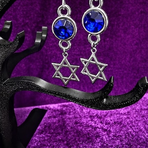 Blue Crystal Star of David Earrings, Gothic Judaica Dangles, Alternative Jewish Gift image 3