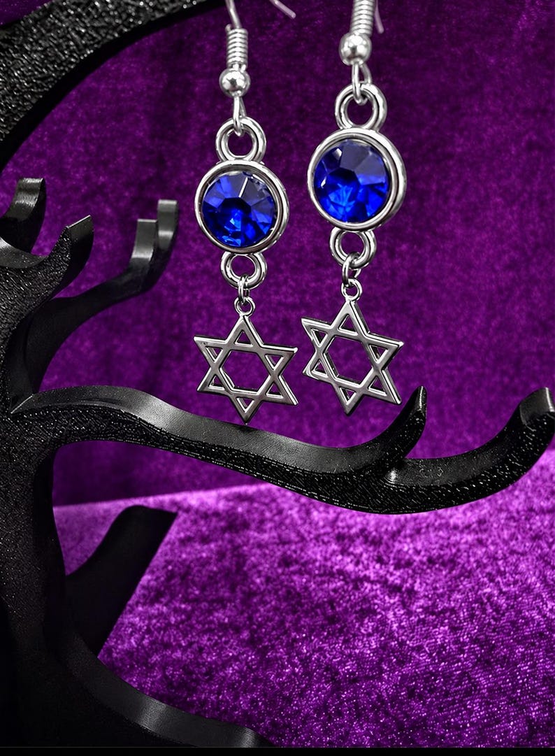 Blue Crystal Star of David Earrings, Gothic Judaica Dangles, Alternative Jewish Gift image 3