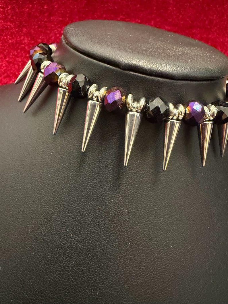 Purple and Black Spike Choker, Punk Goth Beaded Necklace, Goth Girlfriend Gift image 6