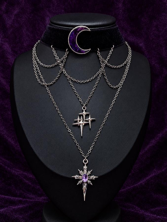 Black velvet choker with purple crescent moon, layered chains and north star pendant