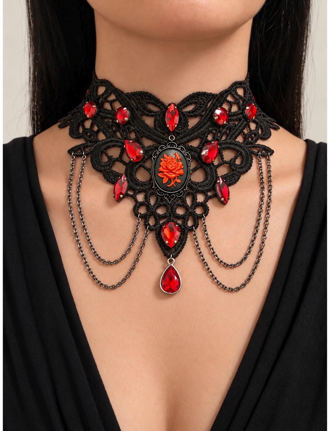 Red rose cameo black lace gothic choker with red crystals and draped chains