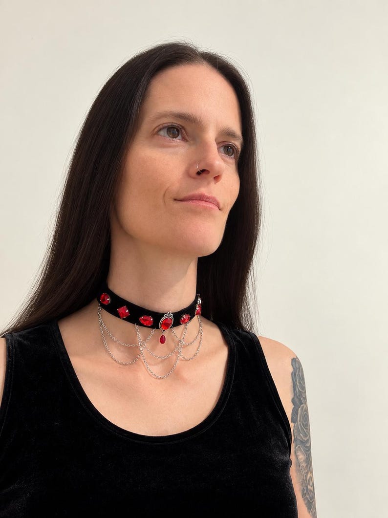 Blood Red Gem Velvet Choker, Victorian Vampire Draped Chain Necklace, Goth Gift for Her image 3