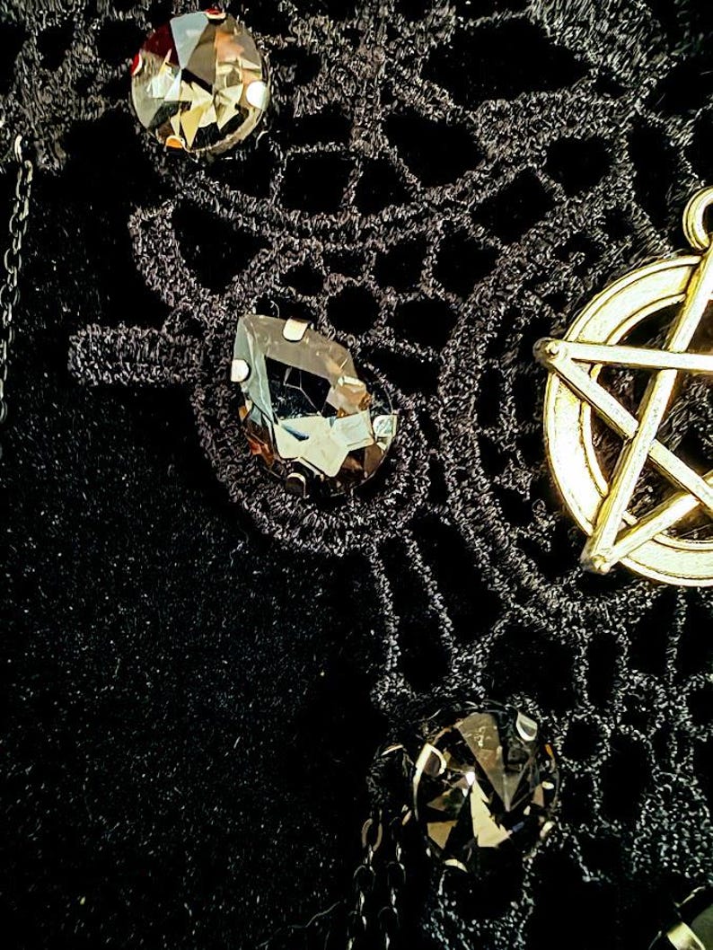 Pentagram Black Lace Choker, Smoky Crystal Witch Necklace, Occult Goth Gift for Her image 5
