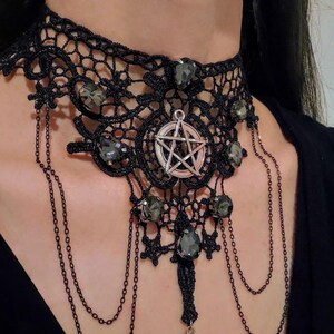 Pentagram Black Lace Choker, Smoky Crystal Witch Necklace, Occult Goth Gift for Her image 4