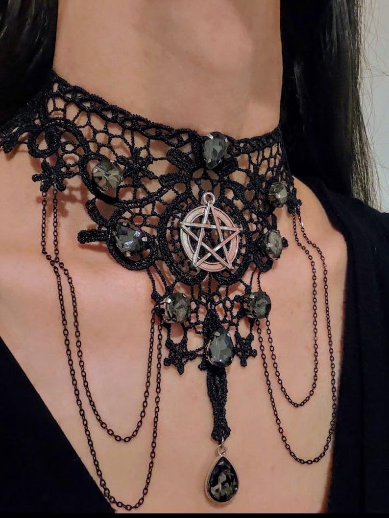 Pentagram Black Lace Choker, Smoky Crystal Witch Necklace, Occult Goth Gift for Her image 4