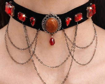 Dark Academia Gothic Velvet Choker, Ruby Red Crystal Victorian Statement Necklace