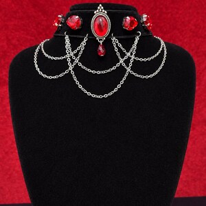 Blood Red Gem Velvet Choker, Victorian Vampire Draped Chain Necklace, Goth Gift for Her image 2