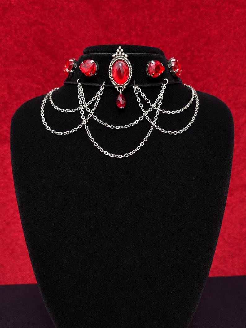 Blood Red Gem Velvet Choker, Victorian Vampire Draped Chain Necklace, Goth Gift for Her image 2