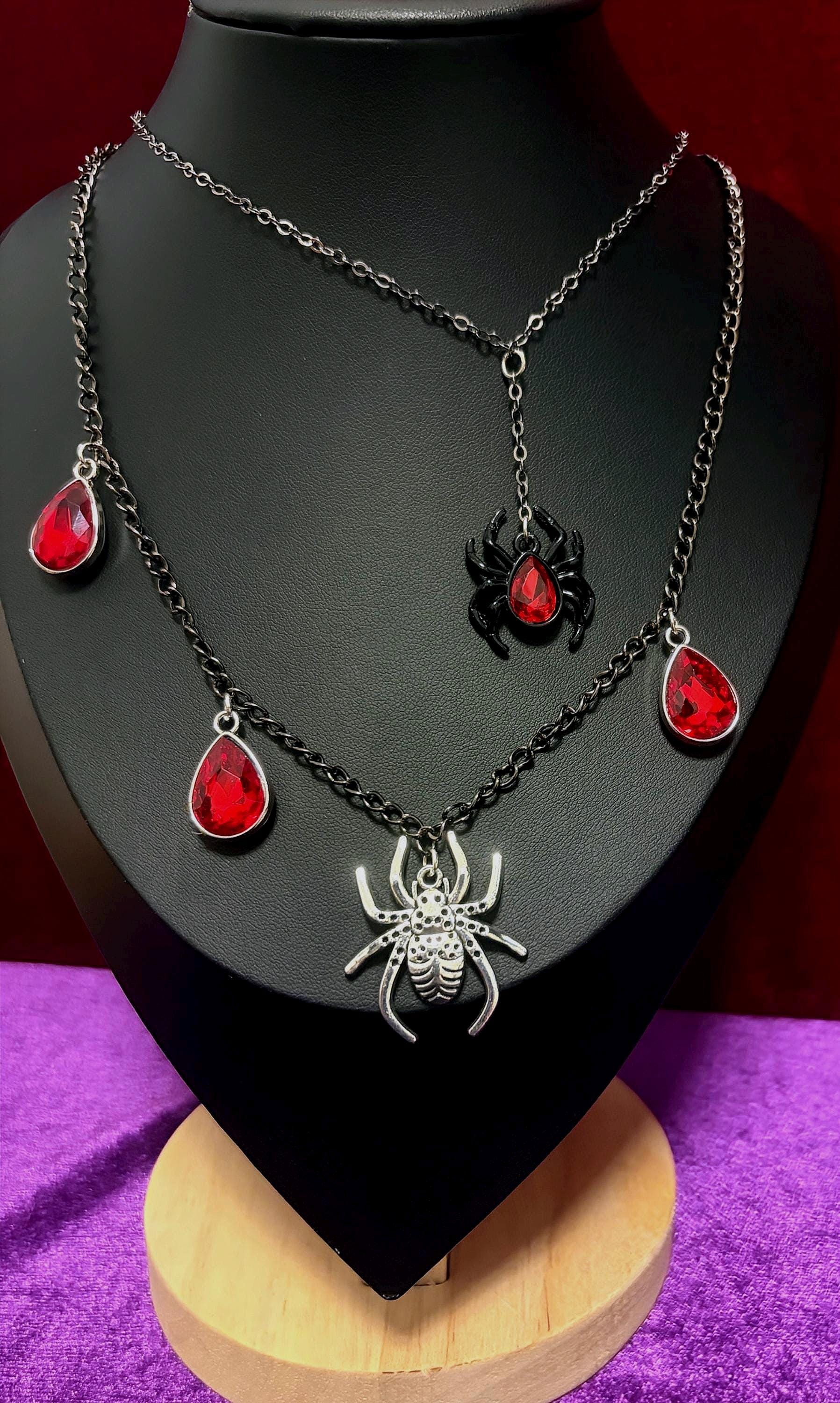 Layered gothic spider necklace with red crystal drops