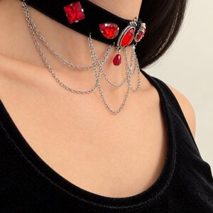 Blood Red Gem Velvet Choker, Victorian Vampire Draped Chain Necklace, Goth Gift for Her image 4
