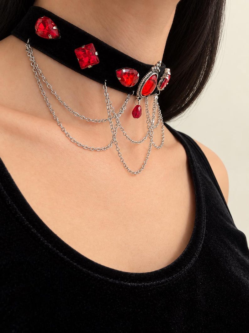 Blood Red Gem Velvet Choker, Victorian Vampire Draped Chain Necklace, Goth Gift for Her image 4