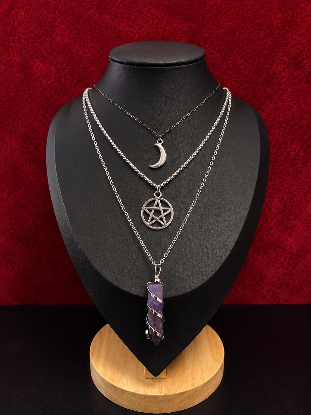 Layered moon pentagram amethyst necklace