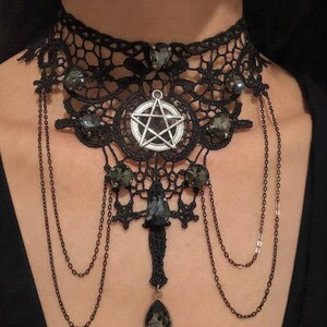 Pentagram Black Lace Choker, Smoky Crystal Witch Necklace, Occult Goth Gift for Her image 2