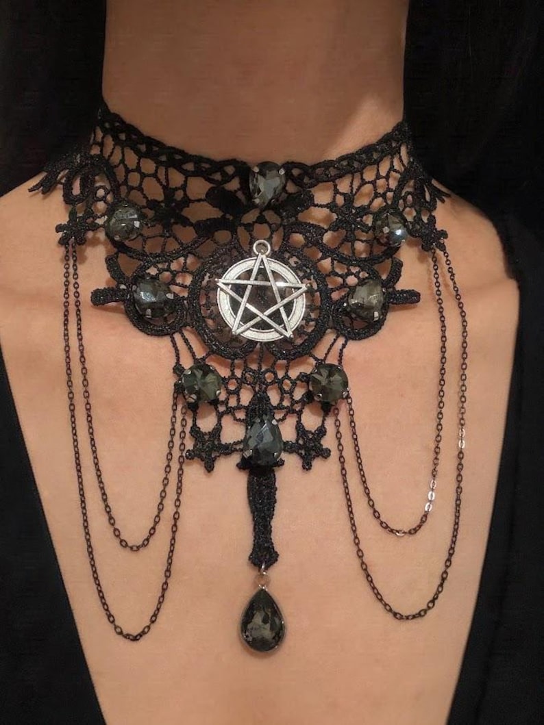 Pentagram Black Lace Choker, Smoky Crystal Witch Necklace, Occult Goth Gift for Her image 2