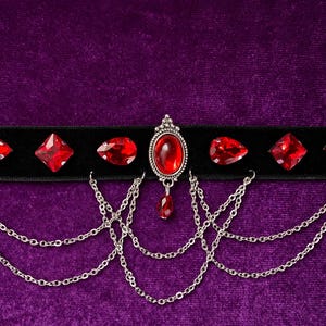 Blood Red Gem Velvet Choker, Victorian Vampire Draped Chain Necklace, Goth Gift for Her image 7