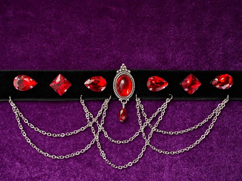 Blood Red Gem Velvet Choker, Victorian Vampire Draped Chain Necklace, Goth Gift for Her image 7