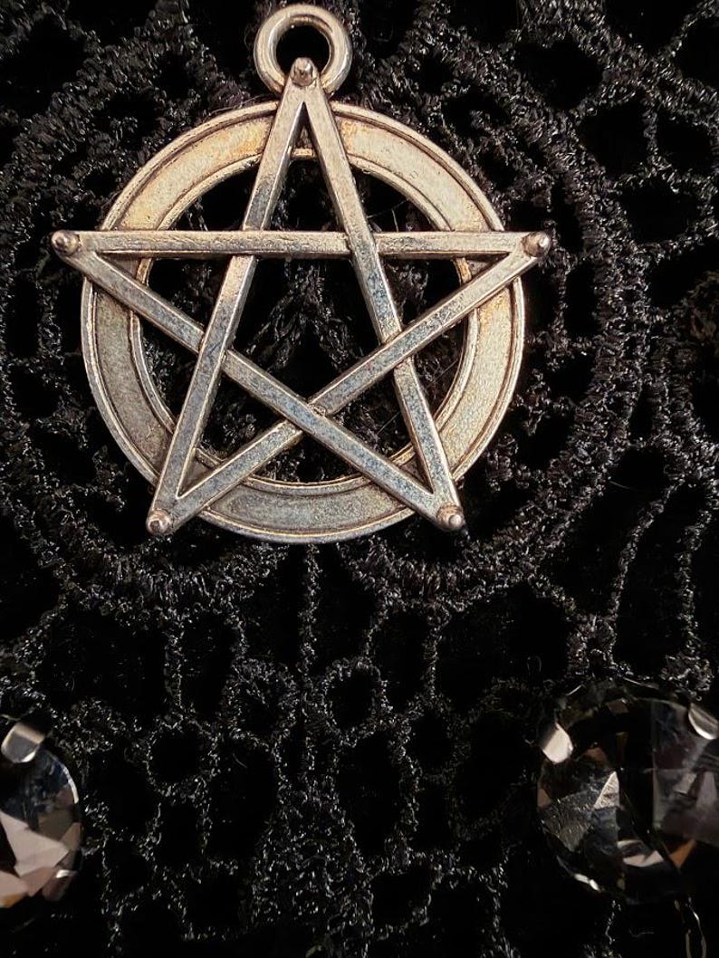 Pentagram Black Lace Choker, Smoky Crystal Witch Necklace, Occult Goth Gift for Her image 6