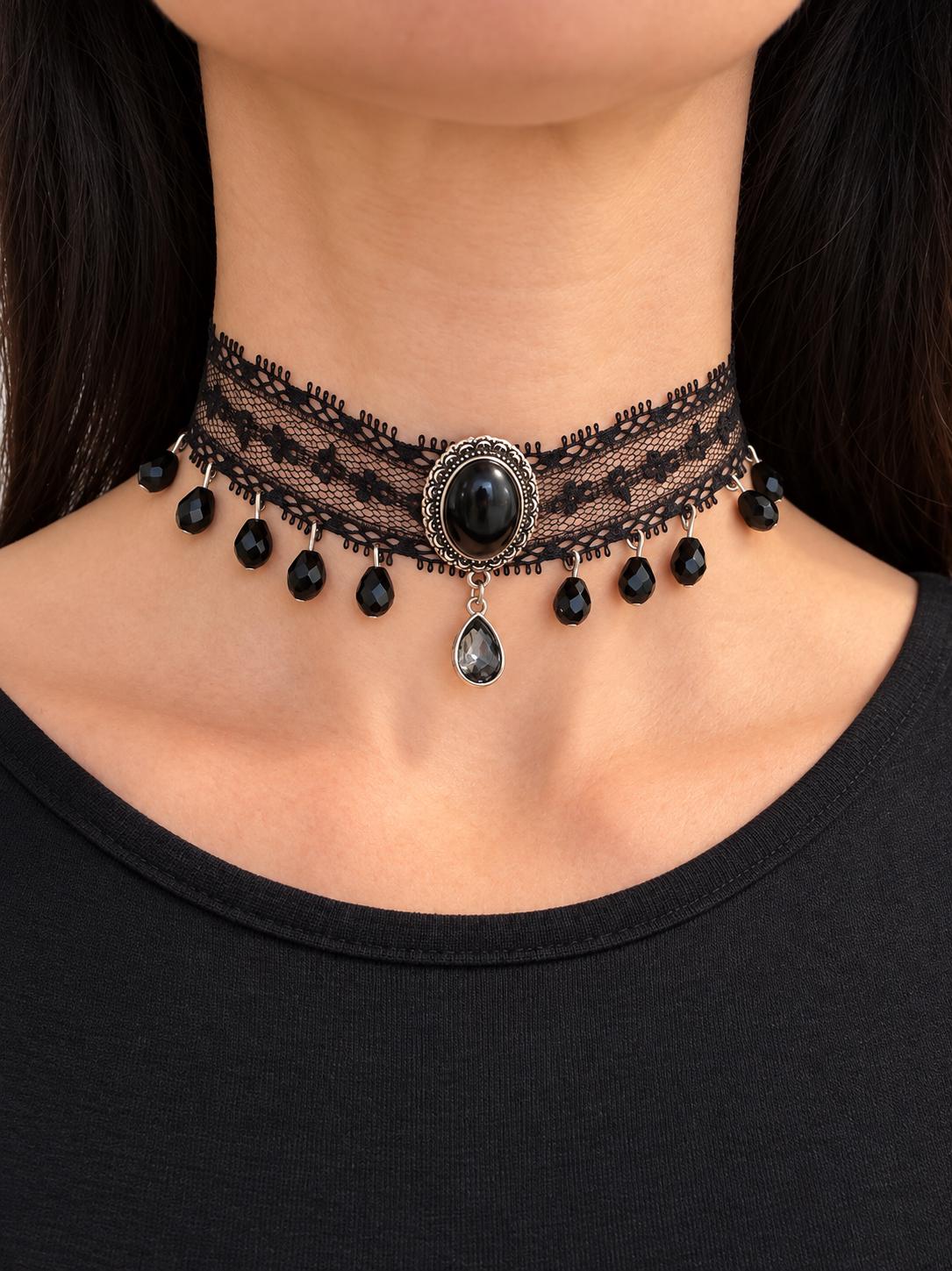 Black lace Victorian choker with black oval centerpiece, smoky crystal teardrop and black crystal drops
